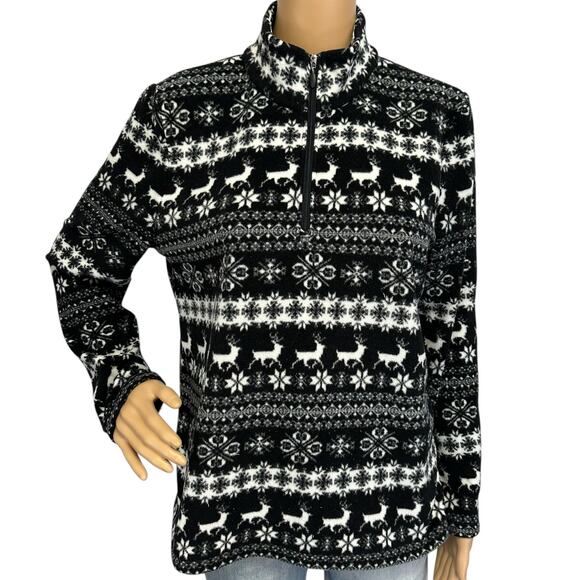 Talbots Winter Fair Isle Half Zip Mockneck Fleece Pullover Black Petite Size LP - Picture 2 of 10
